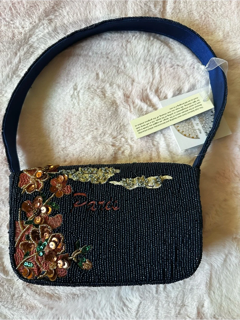 Paris Beaded Navy Shoulder Purse Bag NWT